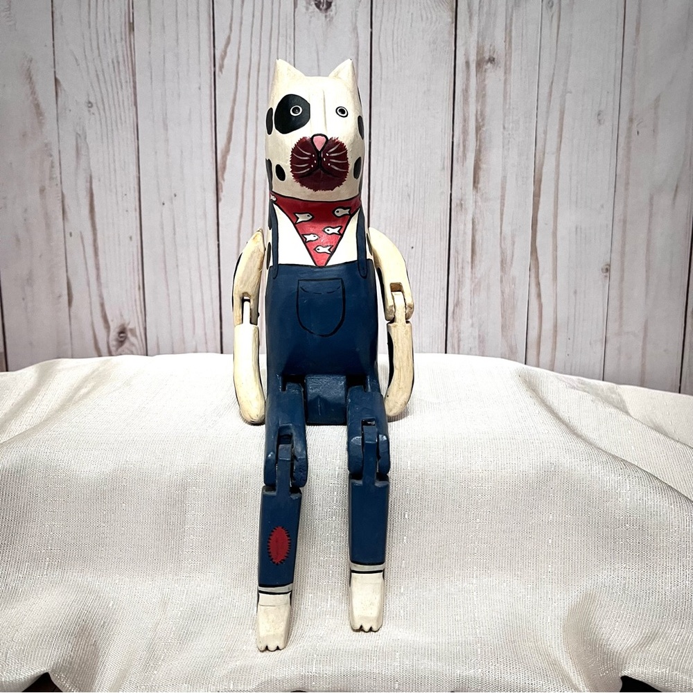 Vintage Handmade  Wooden Farmhouse Shelf Sitter  Folk Art Farmer Cat